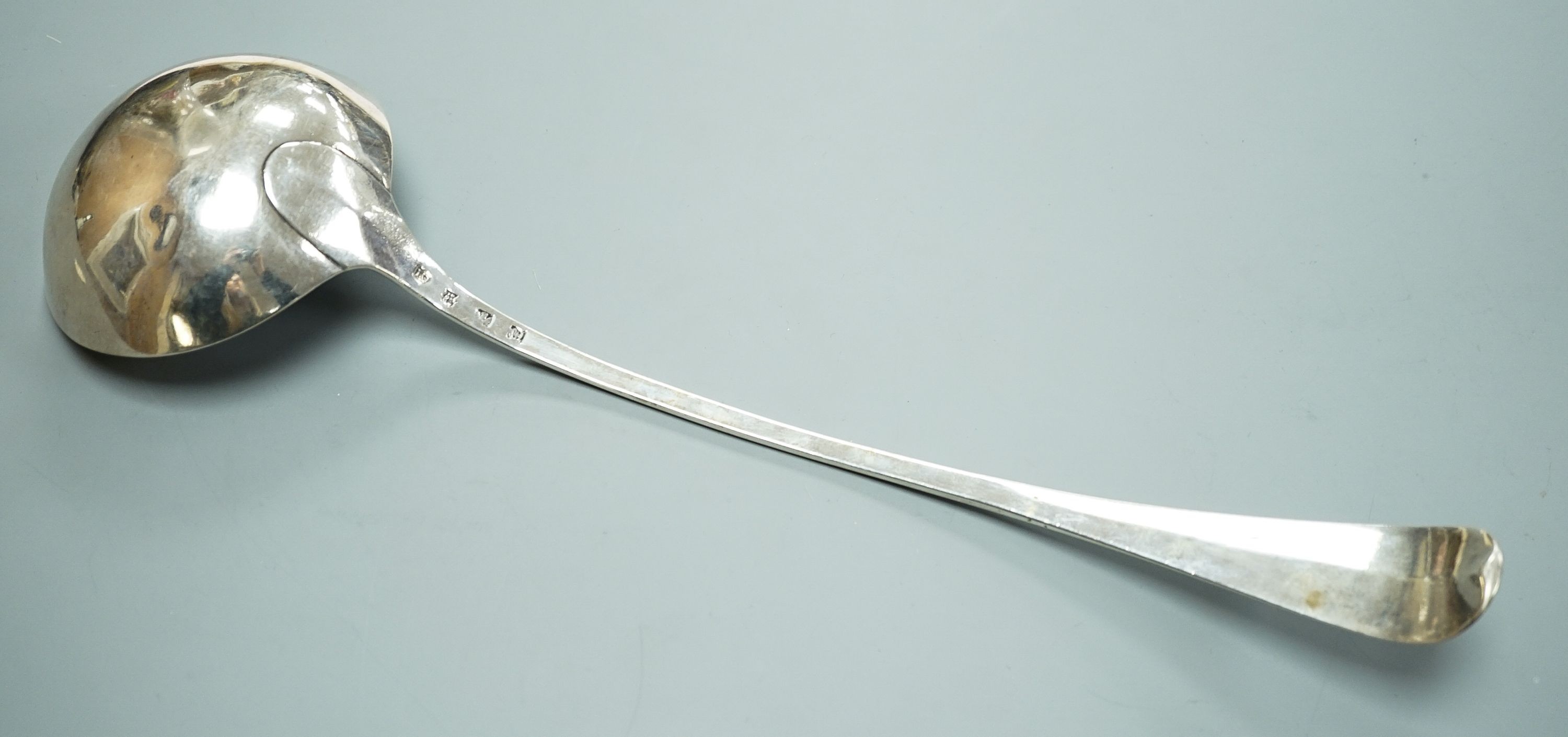 A George III Scottish silver Old English pattern soup ladle, James Gilliland, Edinburgh, 1770, 36.7cm, 206 grams.